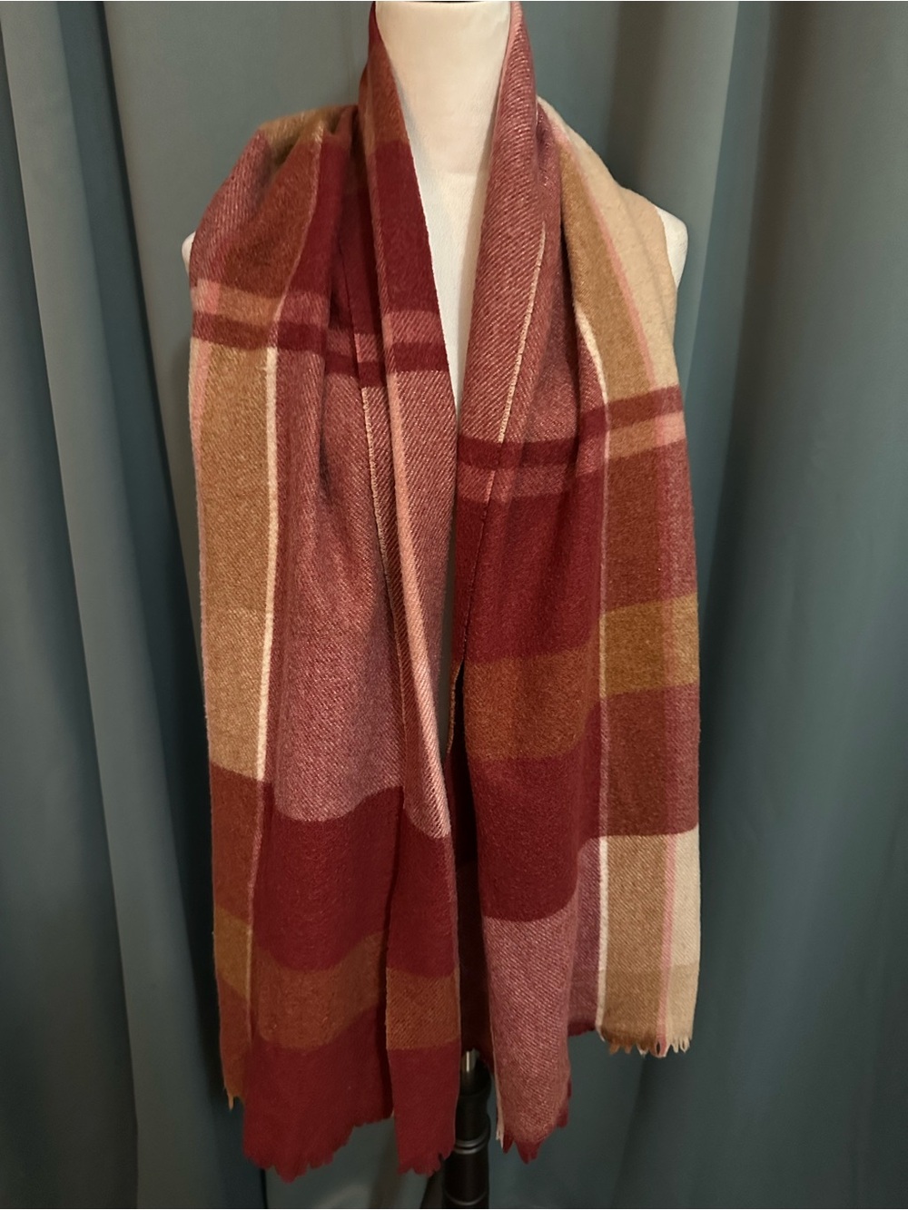 Biltmore Oversized Blanket Scarf Wrap 44x74 Burgundy Camel Plaid Shawl
